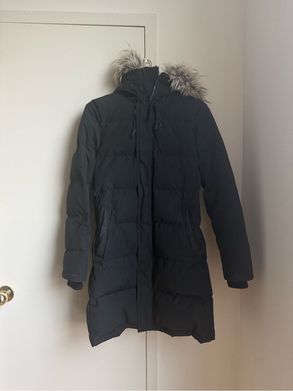 TNA Women’s Black Winter Coat with Faux Fur Trim